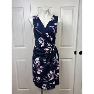 DKNY Navy Floral Print Faux Wrap Women's Formal Dress Size 12 NWT Sleeveless